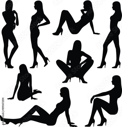 Woman silhouette pose collection sexy female fashion model standing sitting reclining isolated white background modern graphic flat vector illustration