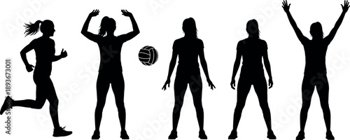 Set of black silhouettes of female volleyball players in action poses with ball isolated on white background for sports design