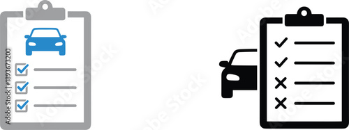 Car inspection checklist icons set featuring vehicle report verification approval rejection automotive service symbols vector