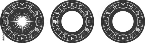Astrology zodiac wheel icons set featuring horoscope signs circle chart celestial mystic symbols vector design