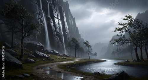 Rainy landscape with rock walls. Generative AI.