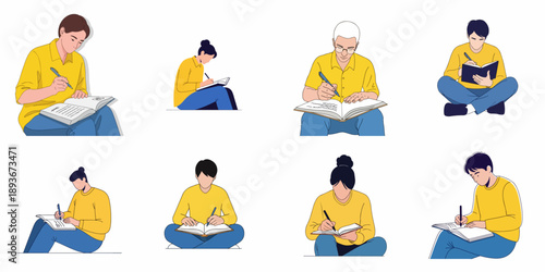 Diverse individuals sitting and focusing on writing or studying in notebooks, representing education, work, and self-improvement in vector illustration.