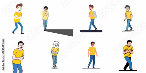 Young man and student characters illustrating fear, anxiety, nervousness, and panic symptoms, including sweating and chest pain, isolated set.