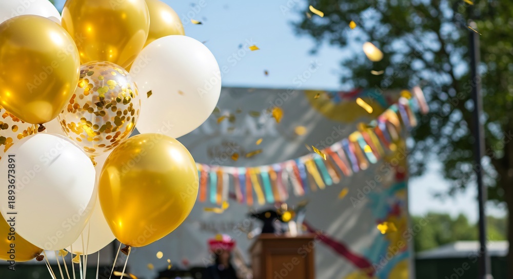 Naklejka premium 明るい日差しの中で金と白の風船が浮かび紙吹雪が舞い卒業の喜びを祝う華やかな屋外イベントの風景. AI Generated