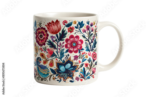 Folk art inspired mug mockup for creative display isolated on transparent background
