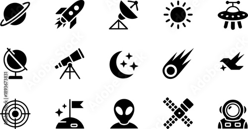 Astronomy icons set with planets, telescope, rocket, alien, astronaut, moon, comet and solar design
