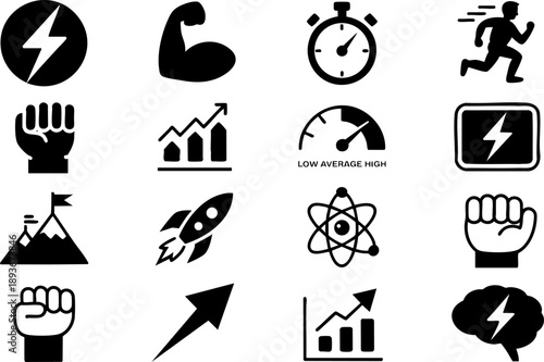 Motivation and power icons set with energy, rocket, progress, fist, success, growth and performance
