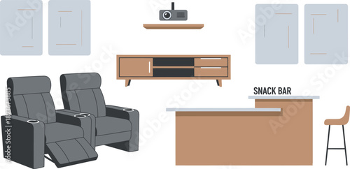 Home theater setup with plush recliners snack bar projector cabinet and decorative wall panels in a modern entertainment room