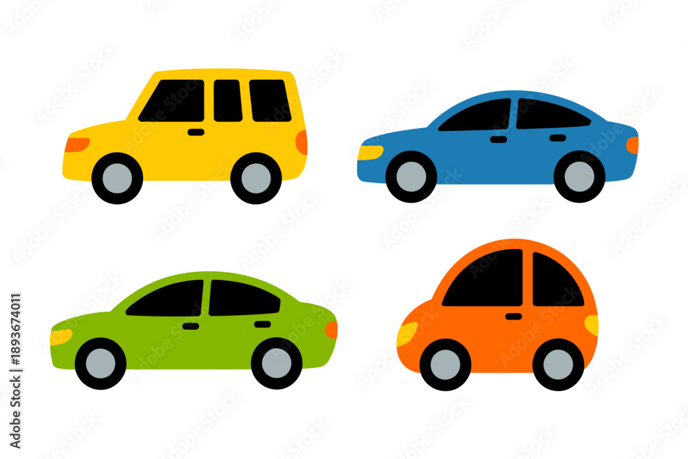 Naklejka premium Colorful cars in different styles and shapes side view vehicles collection