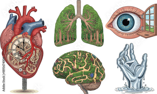 Human organs with imaginative twists: clockwork heart, tree lungs, eye window, brain garden, metallic hand