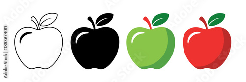 Four different colored apples with leaves on white background