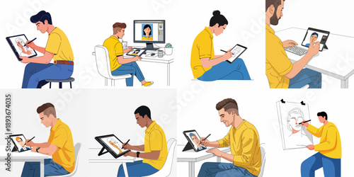 Diverse illustrators creating digital and traditional portraits, showcasing modern graphic design and drawing processes on tablets and computers.