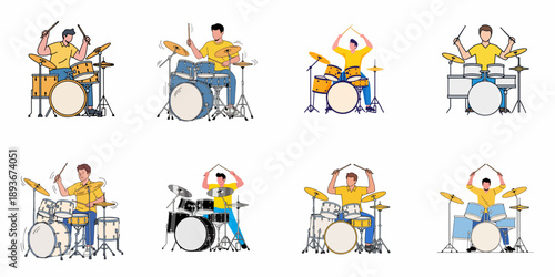 Eight vector illustrations of male musicians actively playing various drum sets and percussion instruments, depicting live music performance and rhythmic energy.