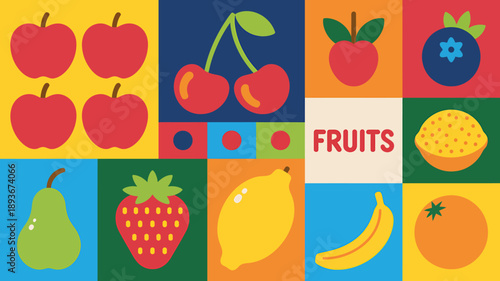 Colorful illustration of various fruits in squares  apples pears bananas oranges