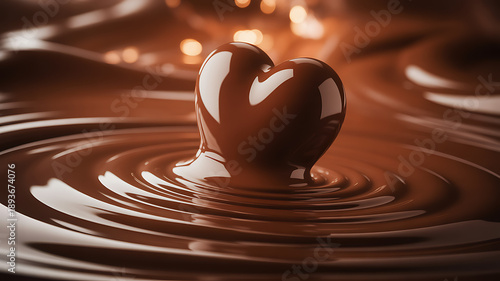 A beautiful chocolate heart shape melting into a smooth liquid chocolate swirl with bokeh background lights for valentines day celebration and love