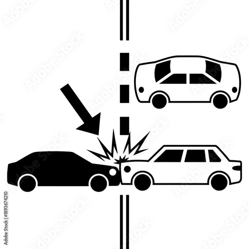 Cars crashing on road with arrow pointing to collision  traffic accident