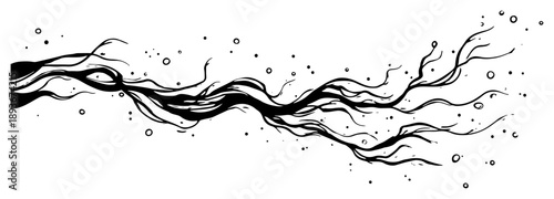 Abstract flowing black lines representing smoke or wind with floating particles