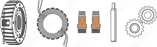 Industrial mechanical parts collection including large gears metal shaft copper wire coil and transmission components kit