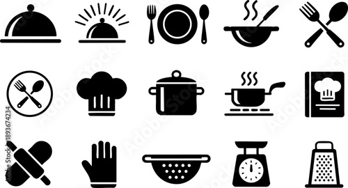 Cooking tools and kitchen equipment icon pack with chef hat, pot, utensils, dish and culinary gear