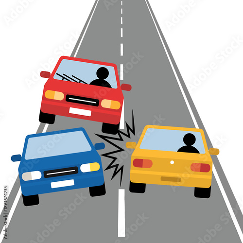 Three cars crash into each other on a road  accident scene