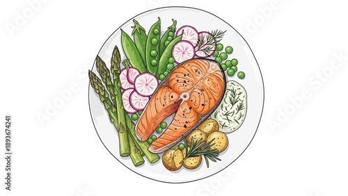 Garnished salmon fillet with asparagus and potatoes on a plate viewed from directly above