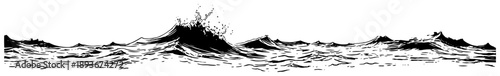 Wide ocean waves seascape in traditional woodcut engraving style