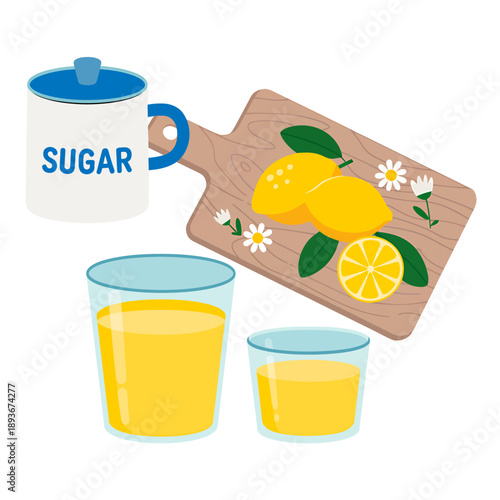 Cartoon glasses of lemonade with sugar and lemons on cutting board