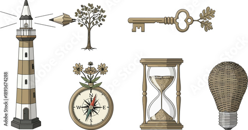 Lighthouse, pencil, tree, key, compass, hourglass, and woven light bulb illustration on transparent background