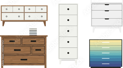 Modern wooden furniture collection including various chest of drawers tallboy dresser and colorful gradient cabinetry