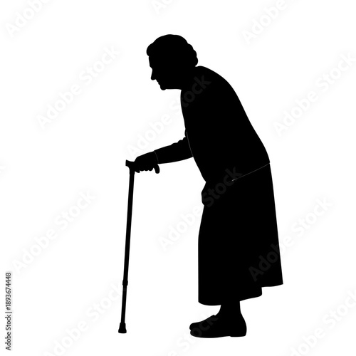 Silhouette of elderly woman with cane for mobility assistance.