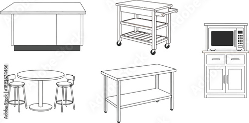 Modern kitchen furniture set with breakfast island stools rolling cart work table and microwave oven cabinet storage unit