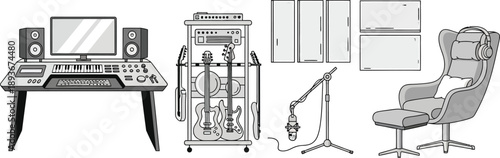 Music studio setup with desk, computer, keyboard, speakers, guitars, microphone, headphones, chair, and soundproofing panels