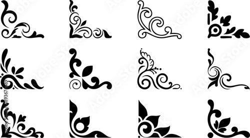 Decorative ornamental corners collection with vintage swirls and floral vector elements for design
