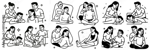Diverse massage therapy techniques illustrated in vector style
