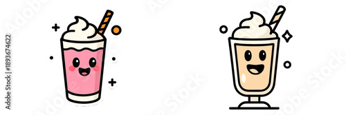 Cute vector illustrations of milkshakes in bright colors