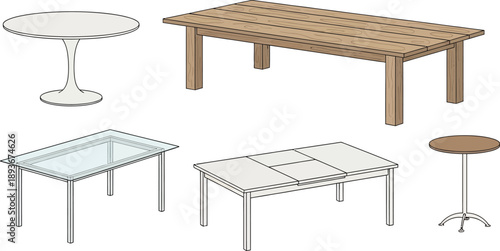 Set of dining tables and coffee tables in various styles and materials for home or office interior