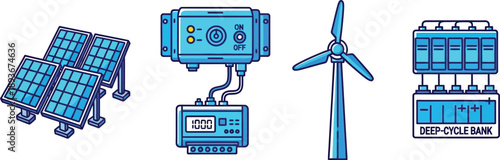 Set of blue renewable energy icons including solar panels, charge controller, wind turbine, and battery bank