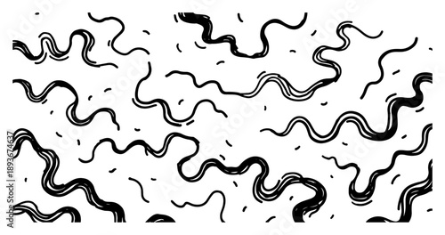 Abstract pattern with hand drawn wavy black lines and organic shapes