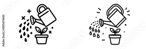 Watering plants in a garden with decorative pots and fresh soil