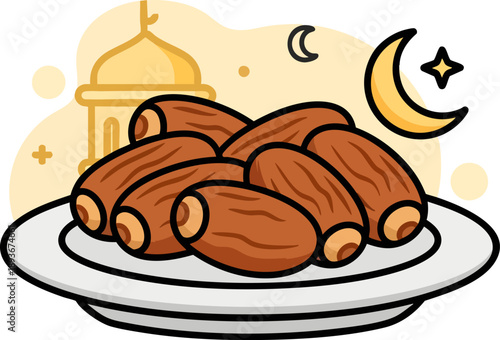 Plate of dates with crescent moon and mosque for Ramadan celebration