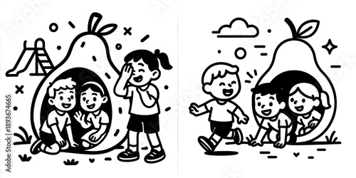 Children playing joyfully in a pear-shaped playhouse at a park