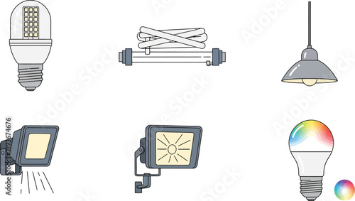 Set of electrical light bulbs and spotlights on transparent background for home interior or exterior decor