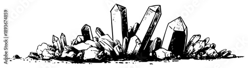 Detailed vector illustration of a cluster of quartz crystals and minerals