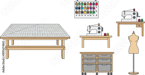 Sewing workshop equipment set featuring large cutting table sewing machines dress form and thread storage organizer wall