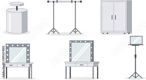 Studio equipment collection: product display stand, backdrop stand, wardrobe, makeup vanity, mirror