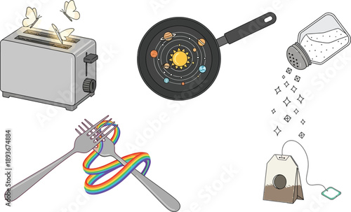 Surreal kitchen scene featuring toaster with butterflies frying pan solar system and salt shaker pouring diamond stars