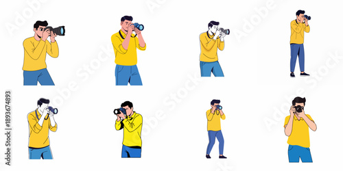 A collection of vector illustrations showing a young male photographer holding a camera in different poses against a white background.