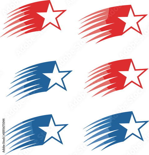 Shooting star logo icons set featuring patriotic red blue star motion speed streak abstract vector symbols