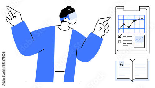 Augmented reality, data visualization, education, technology, analytics, virtual interaction. Person wearing AR glasses with a graph, data chart and open book. Data visualization and analytics