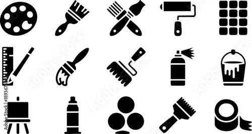 Art and painting tools icon set with brushes, rollers, palettes and creative equipment for artists